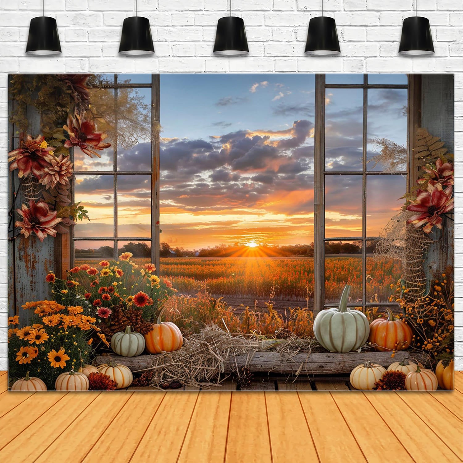 Fall Pumpkins Sunset Window Scenery Backdrop RR7-151