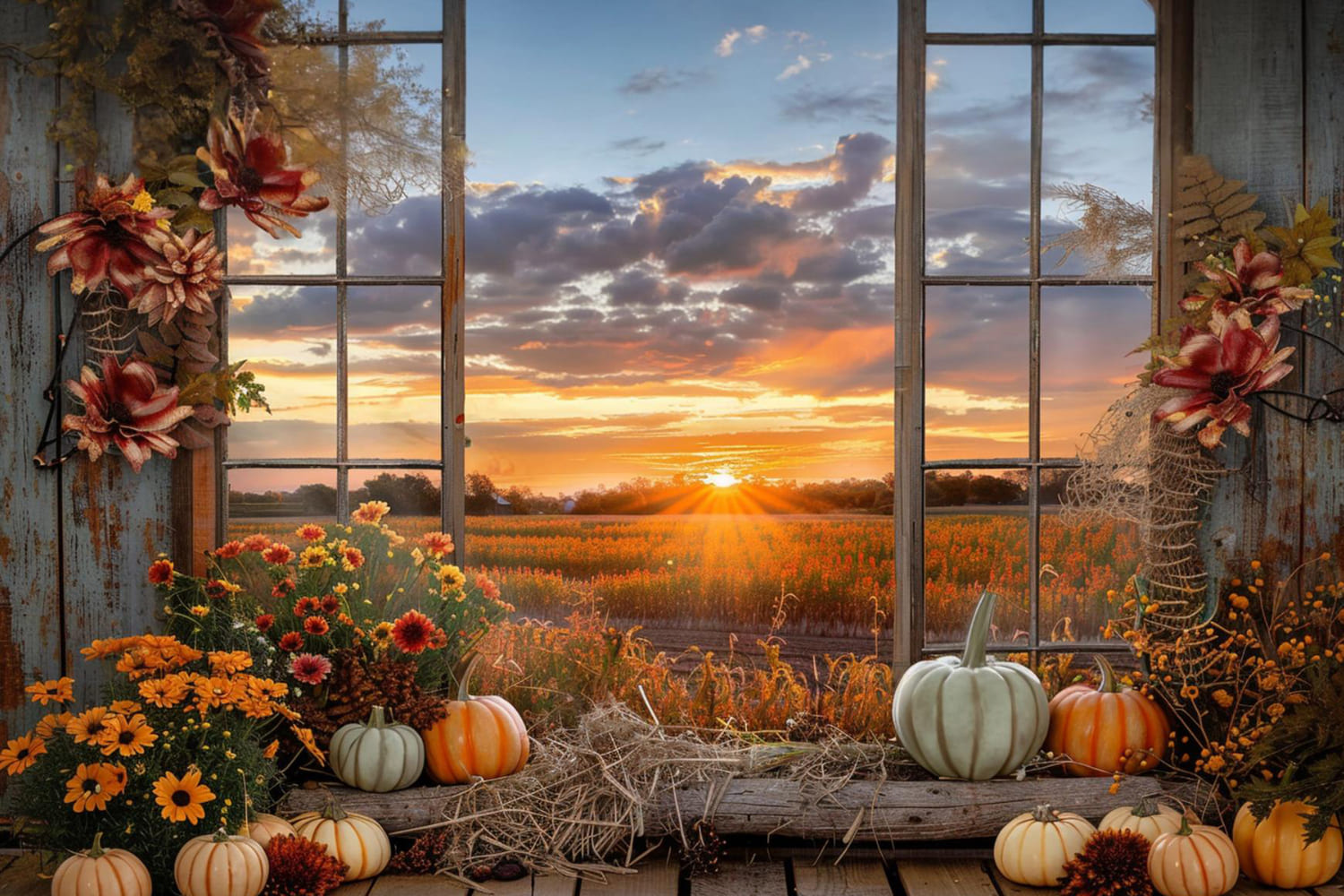 Fall Pumpkins Sunset Window Scenery Backdrop RR7-151