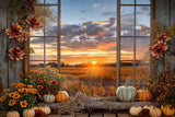 Fall Pumpkins Sunset Window Scenery Backdrop RR7-151