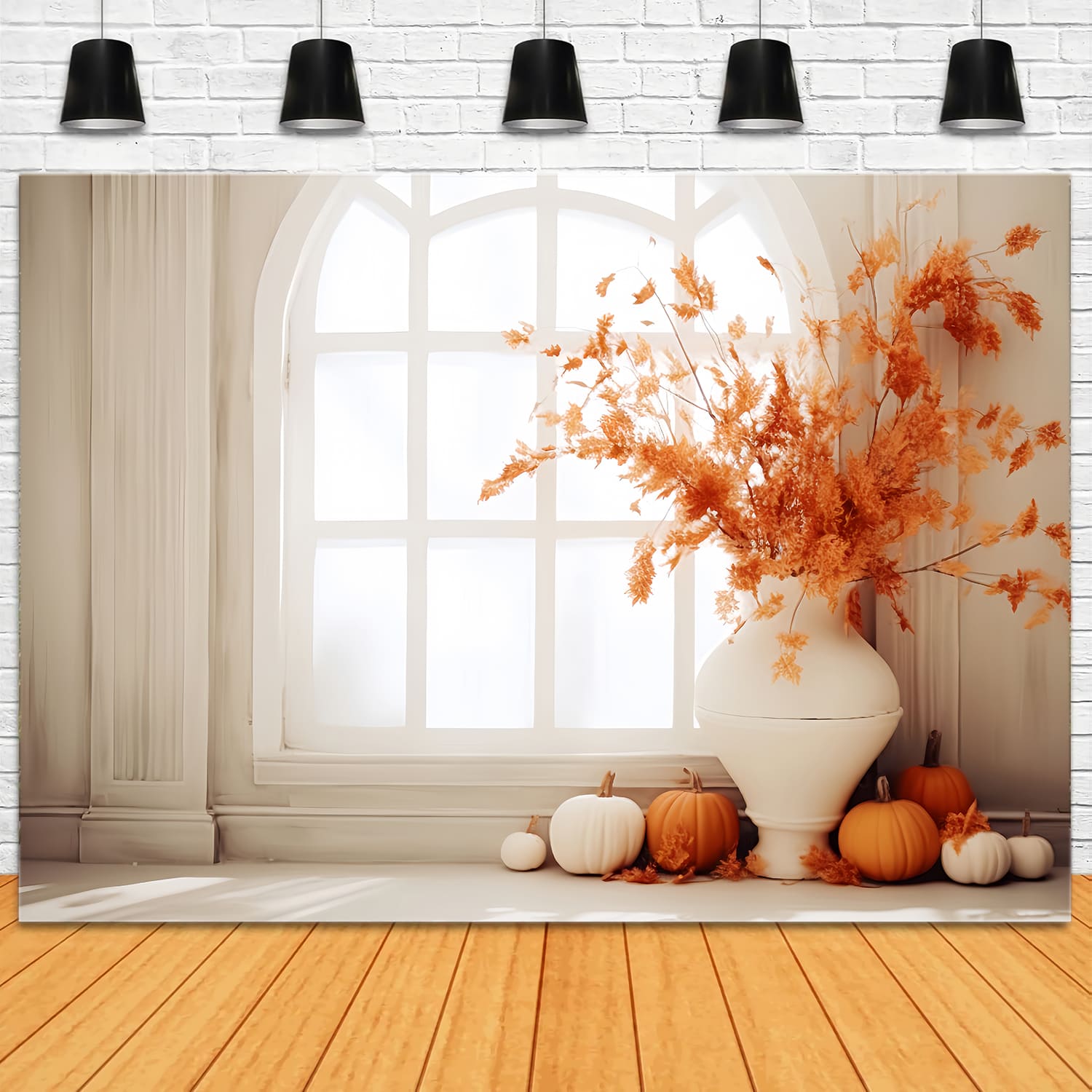 Dried Maple Leaves Vase Pumpkin Fall Backdrop RR7-152