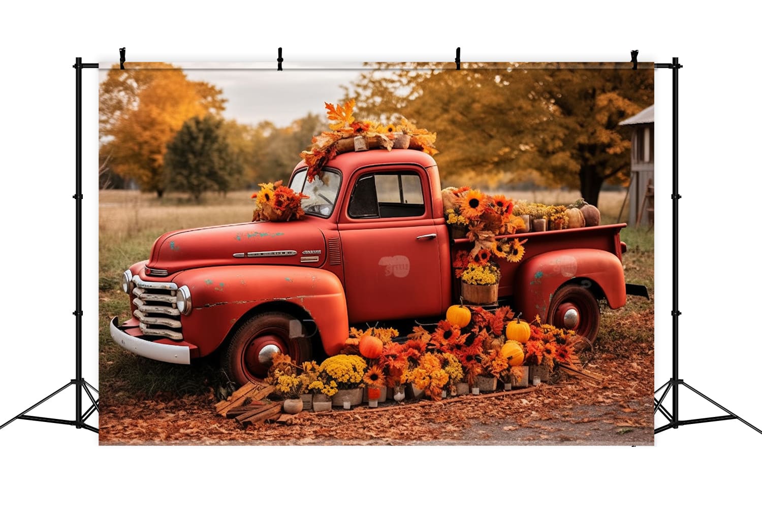 Autumn Red Truck Flowers Pumpkins Backdrop RR7-156