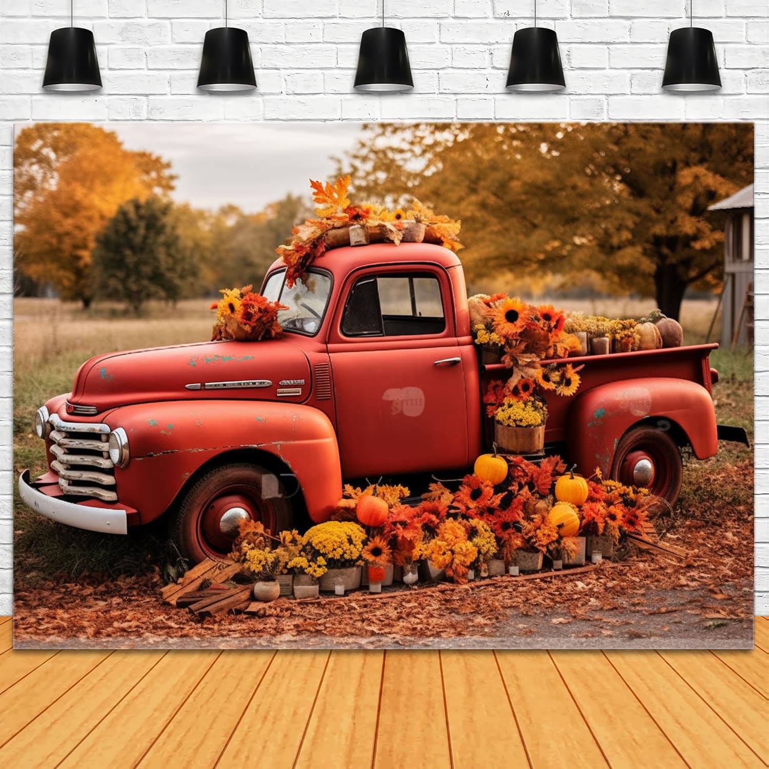 Autumn Red Truck Flowers Pumpkins Backdrop RR7-156