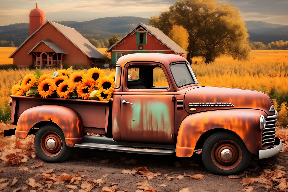 Autumn Field Sunflower Old Truck Backdrop RR7-158