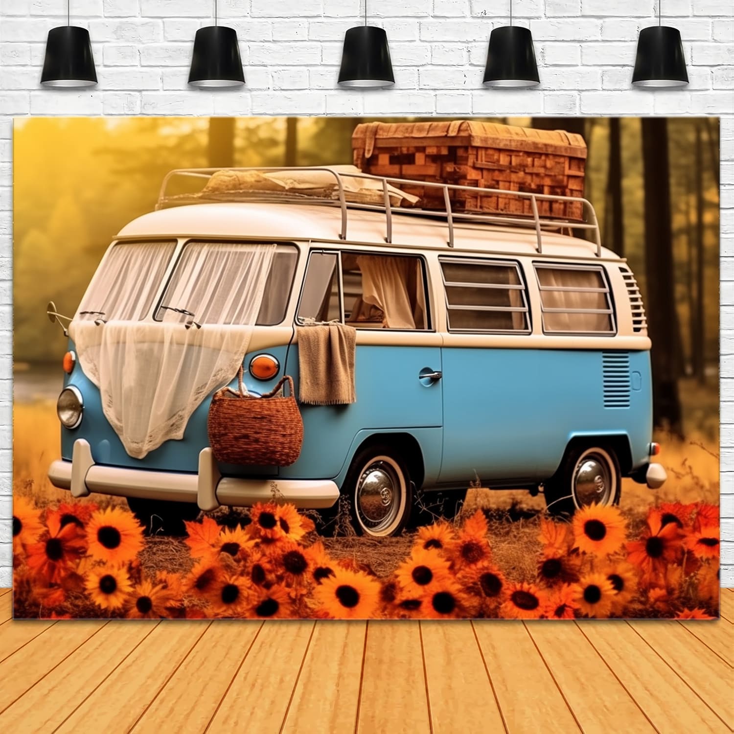 Fall Sunflower Blue White Car Bus Backdrop RR7-163