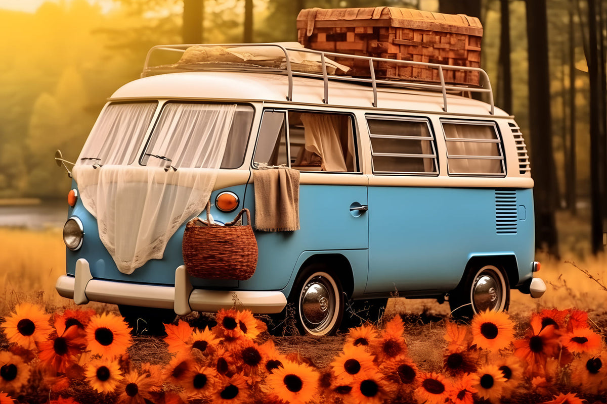 Fall Sunflower Blue White Car Bus Backdrop RR7-163