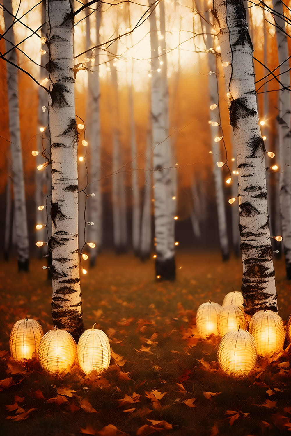 Fall Birch Trees Lights Photography Backdrop RR7-164