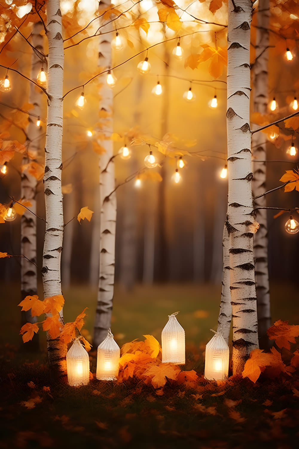 Autumn Birch Forest String Lights Backdrop RR7-165