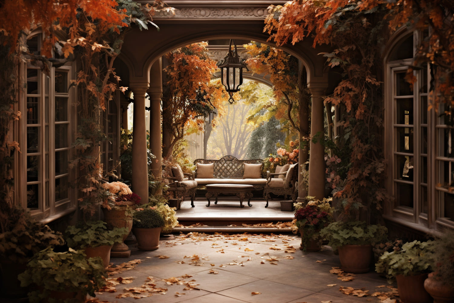 Courtyard Front Entry Fall Scenery Backdrop RR7-169