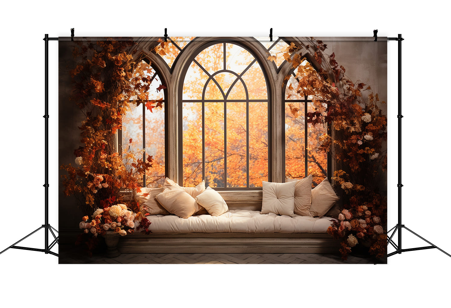 Fall Maple Leaves Window Scenery Backdrop RR7-175