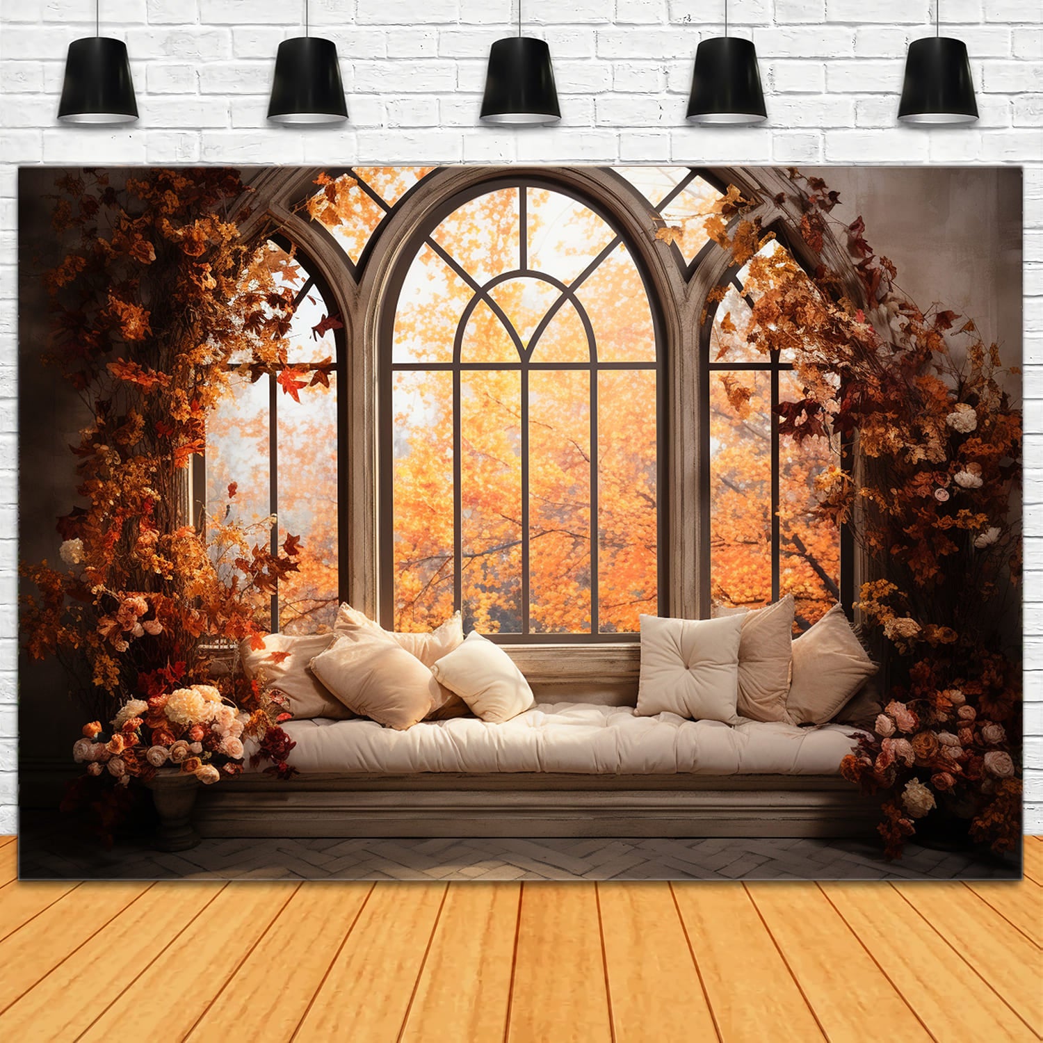 Fall Maple Leaves Window Scenery Backdrop RR7-175