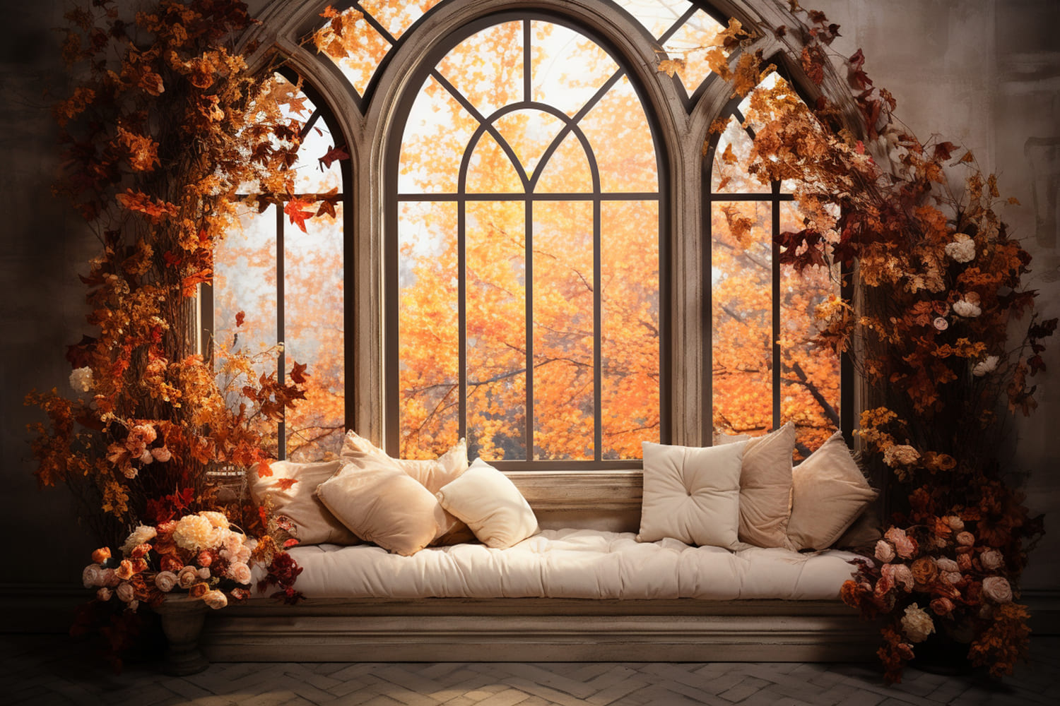 Fall Maple Leaves Window Scenery Backdrop RR7-175