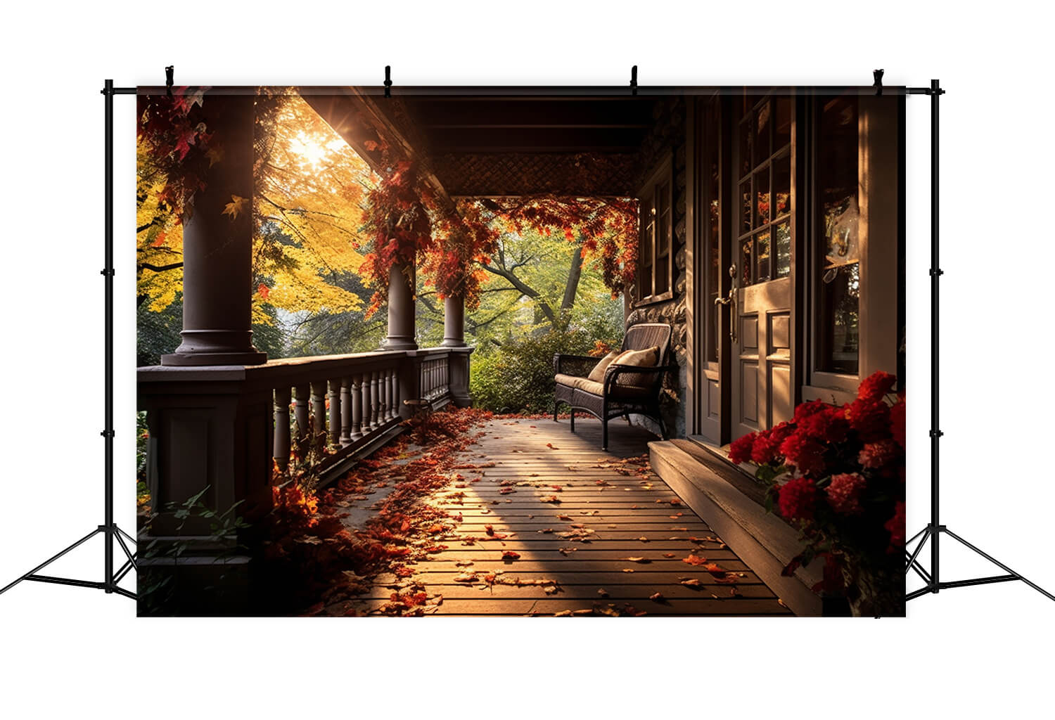 Cozy Autumn Porch Falling Leaves Backdrop RR7-181