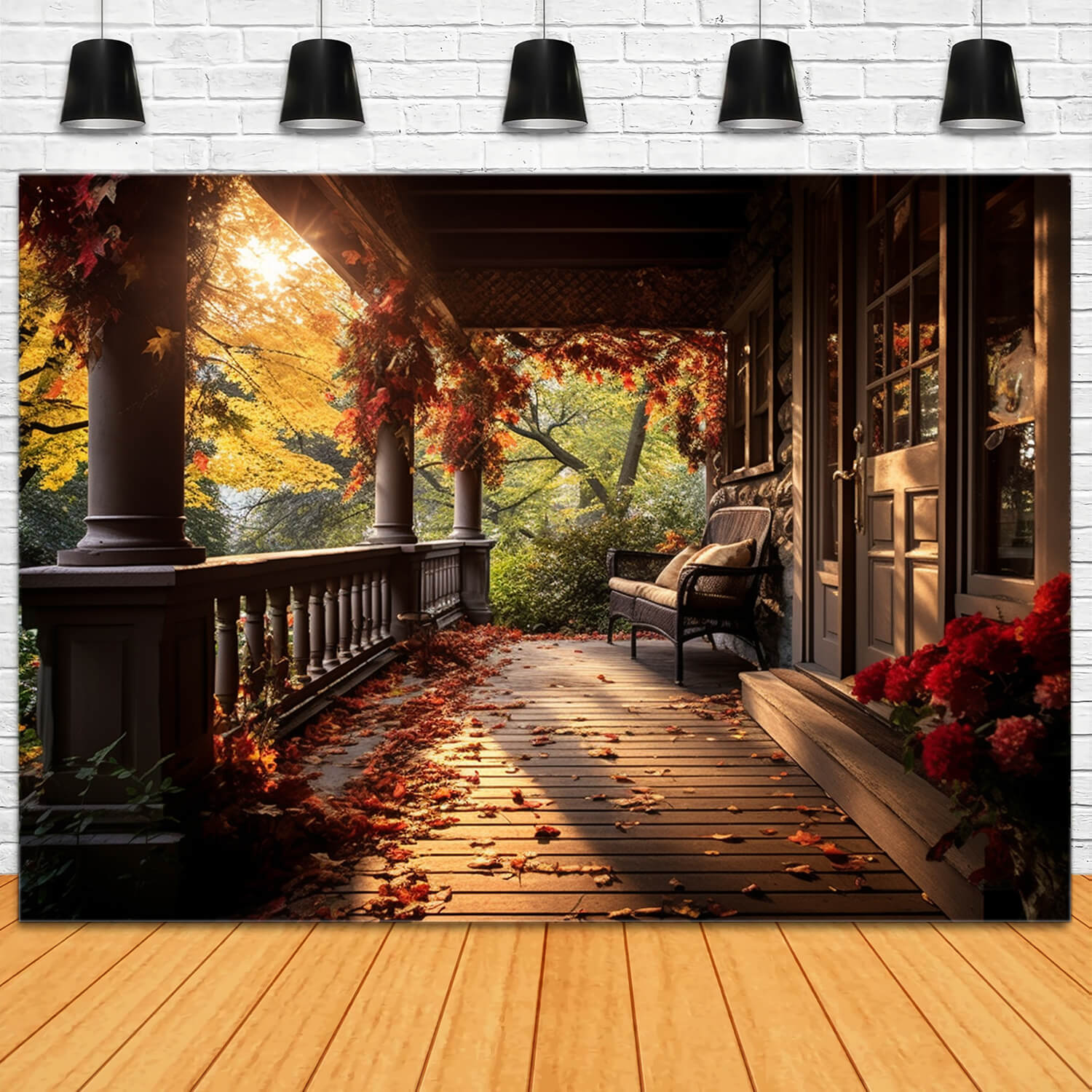 Cozy Autumn Porch Falling Leaves Backdrop RR7-181