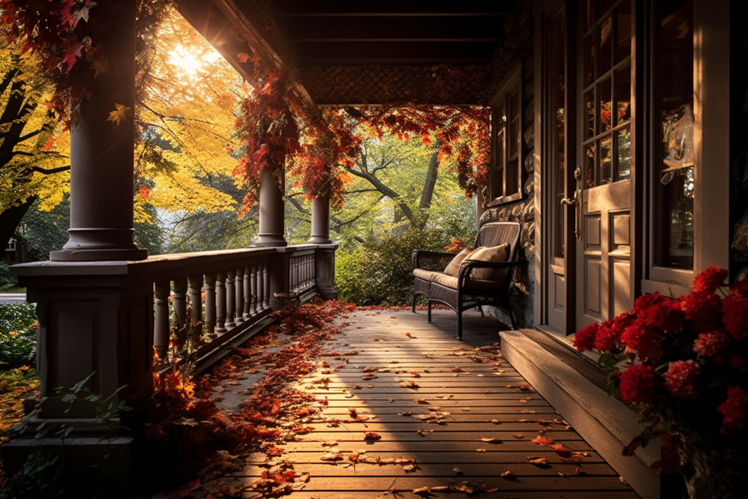 Cozy Autumn Porch Falling Leaves Backdrop RR7-181