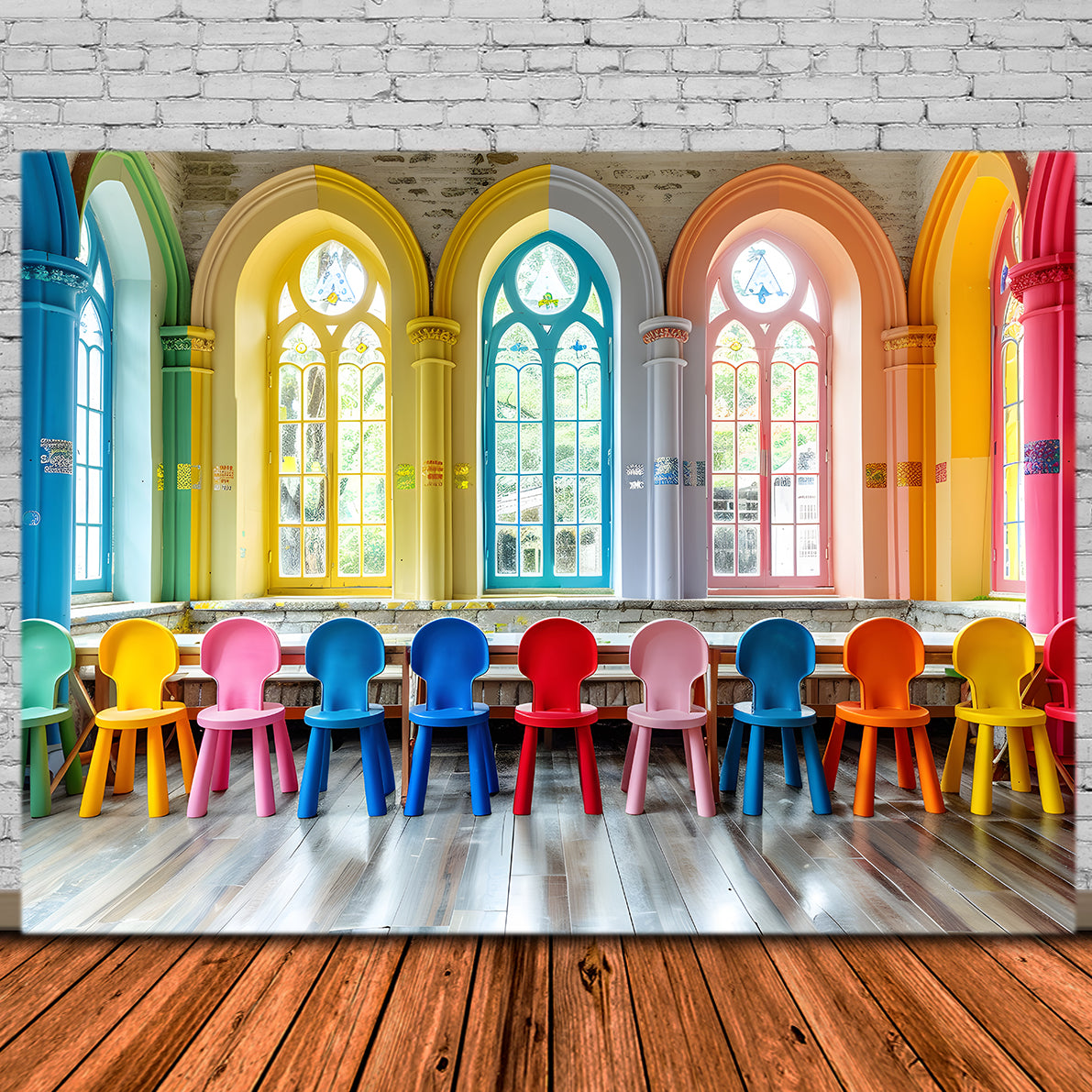 Colorful Classroom Chairs Back to School Backdrop RR7-202