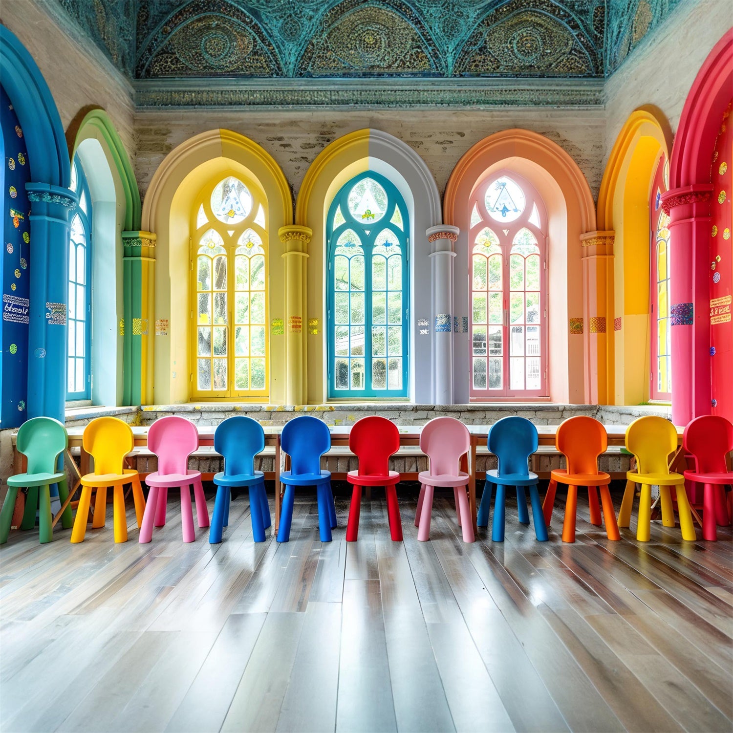 Colorful Classroom Chairs Back to School Backdrop RR7-202