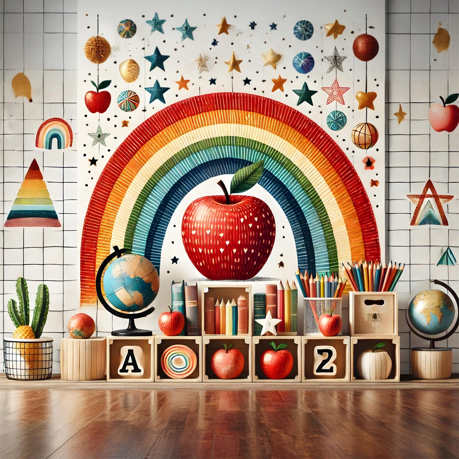 Back to School Rainbow Apples Backdrop RR7-235