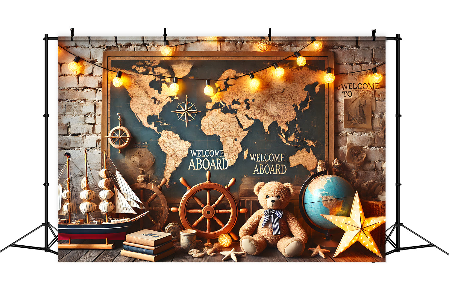 Back to School World Map Sailboat Backdrop RR7-244