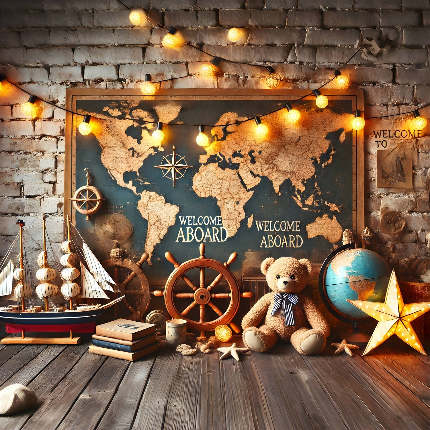 Back to School World Map Sailboat Backdrop RR7-244