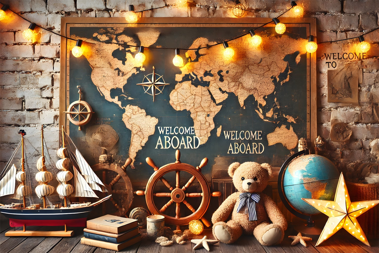 Back to School World Map Sailboat Backdrop RR7-244