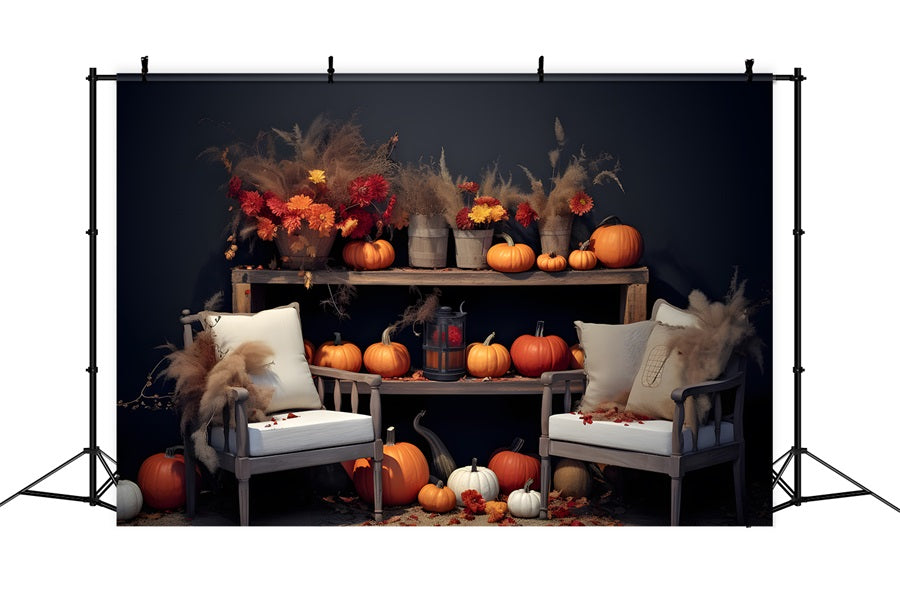 Fall Floral Pumpkin Display Cozy Seating Backdrop RR7-251