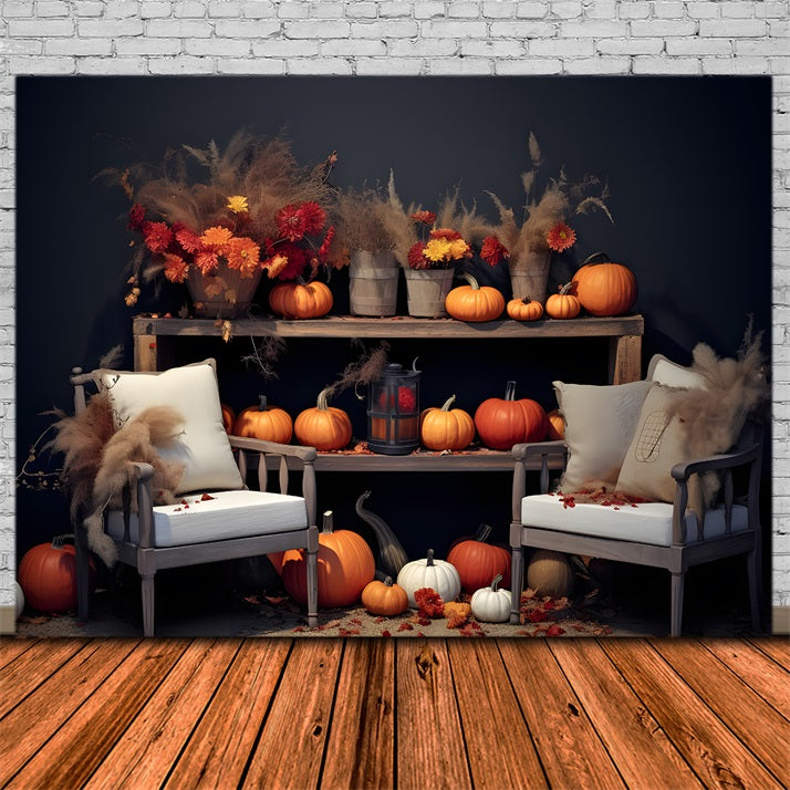 Fall Floral Pumpkin Display Cozy Seating Backdrop RR7-251