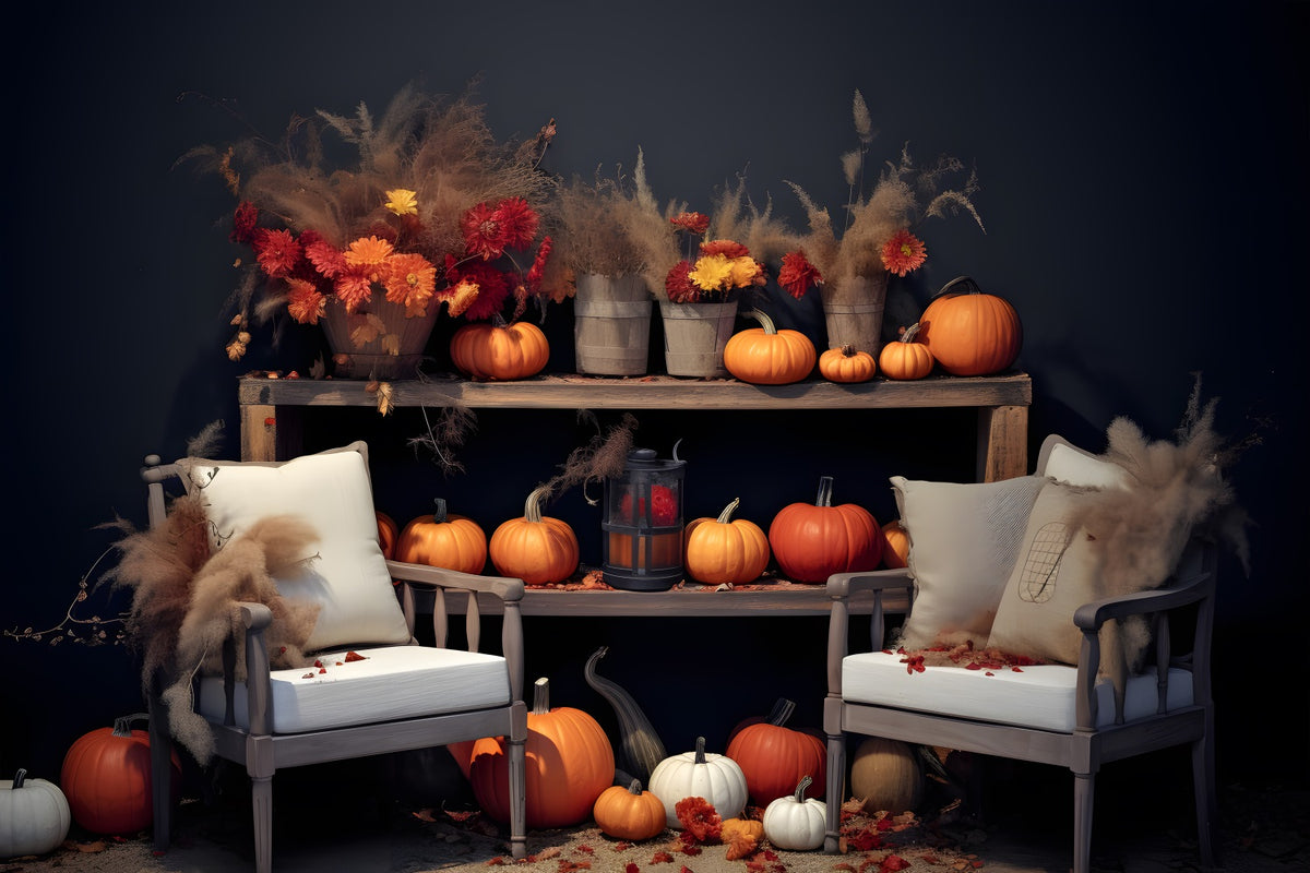 Fall Floral Pumpkin Display Cozy Seating Backdrop RR7-251