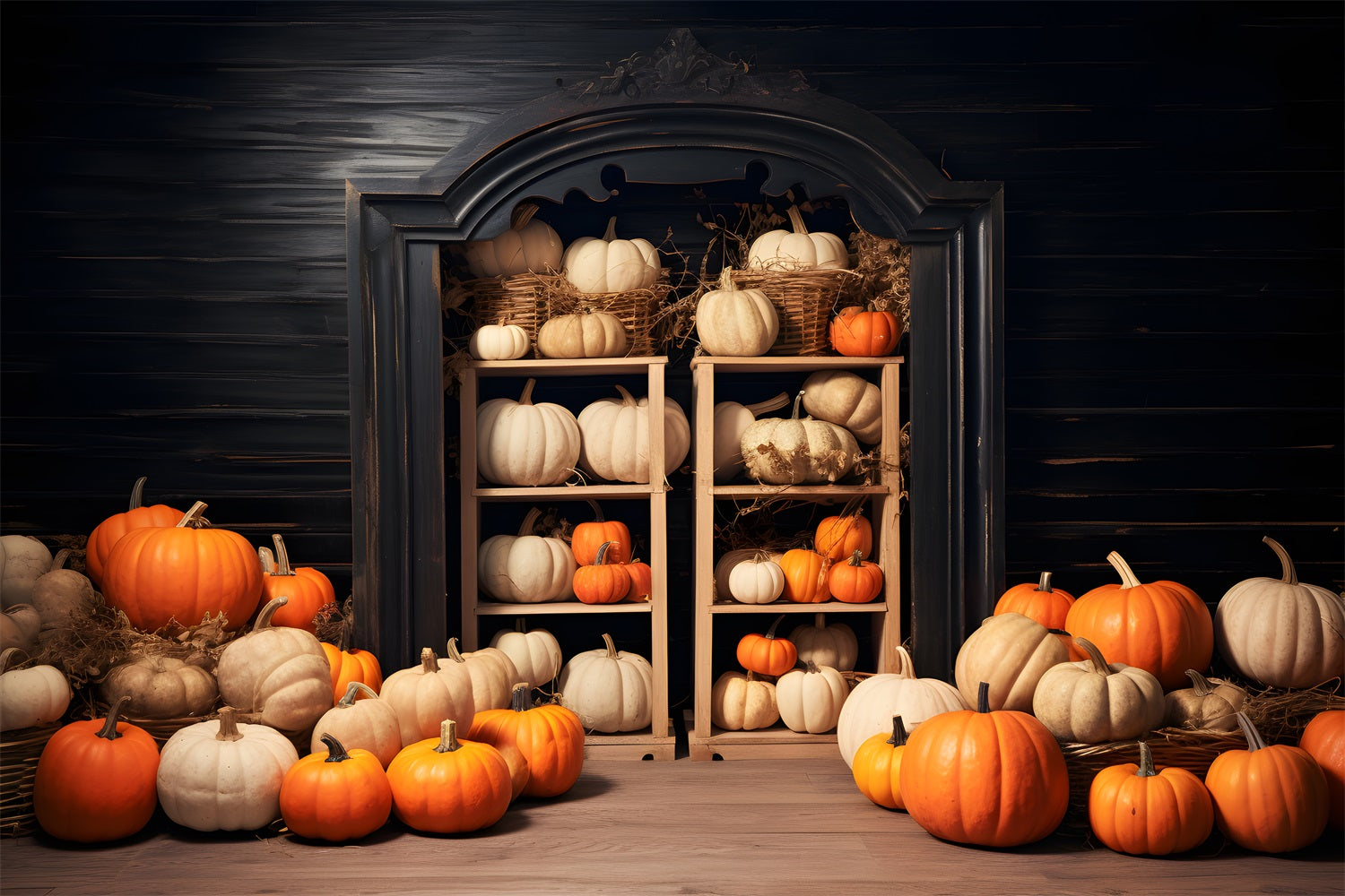 Fall Pumpkin Display Wooden Arch Door Backdrop RR7-252