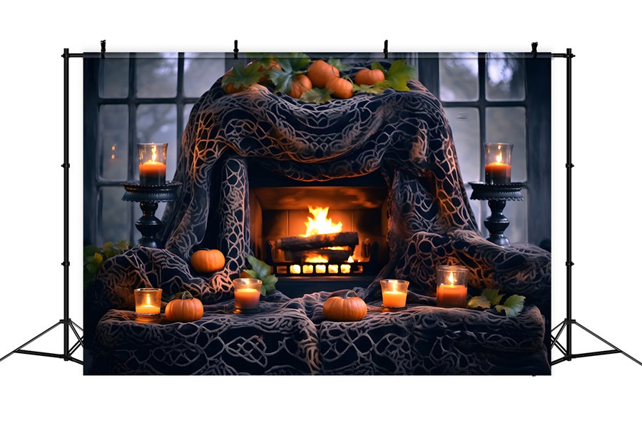 Halloween Pumpkin Lanterns Cozy Fireplace Backdrop RR7-253