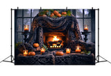 Halloween Pumpkin Lanterns Cozy Fireplace Backdrop RR7-253