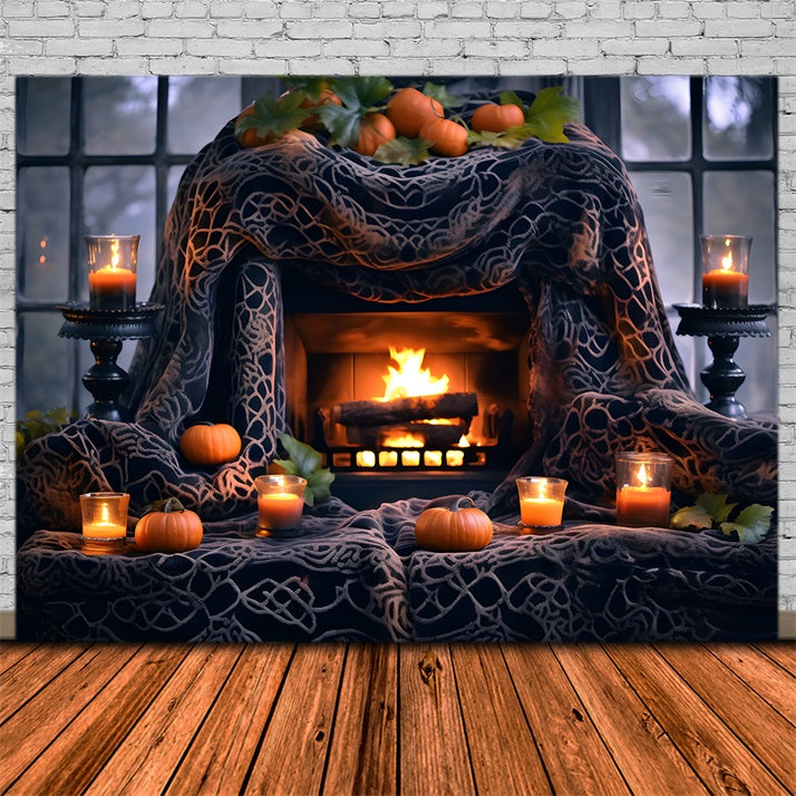 Halloween Pumpkin Lanterns Cozy Fireplace Backdrop RR7-253