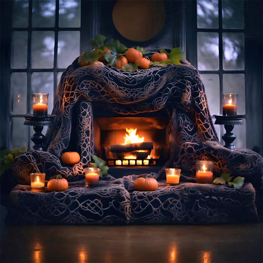 Halloween Pumpkin Lanterns Cozy Fireplace Backdrop RR7-253