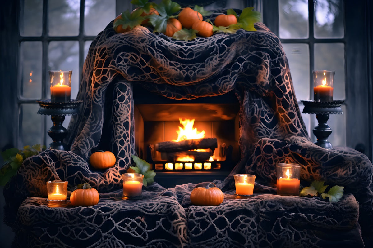 Halloween Pumpkin Lanterns Cozy Fireplace Backdrop RR7-253