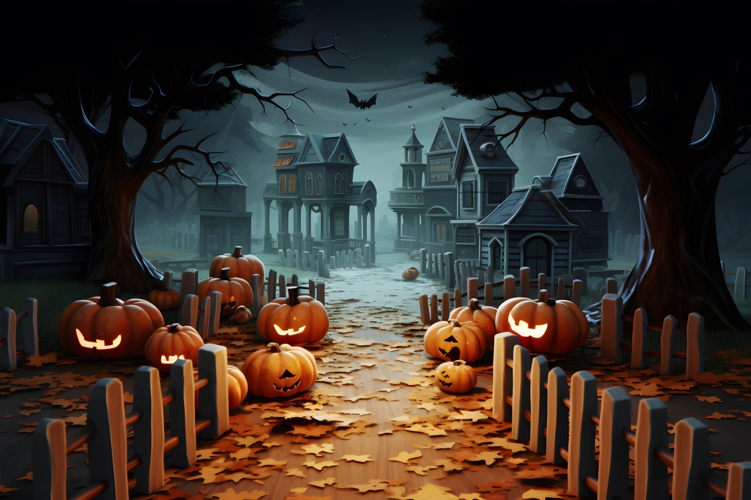 Halloween Pumpkin Lanterns Haunted Village Backdrop RR7-254