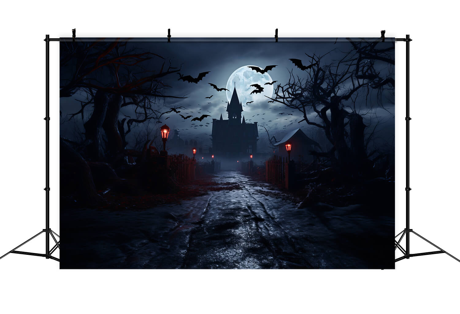 Spooky Halloween Moonlit Haunted Houses Backdrop RR7-26