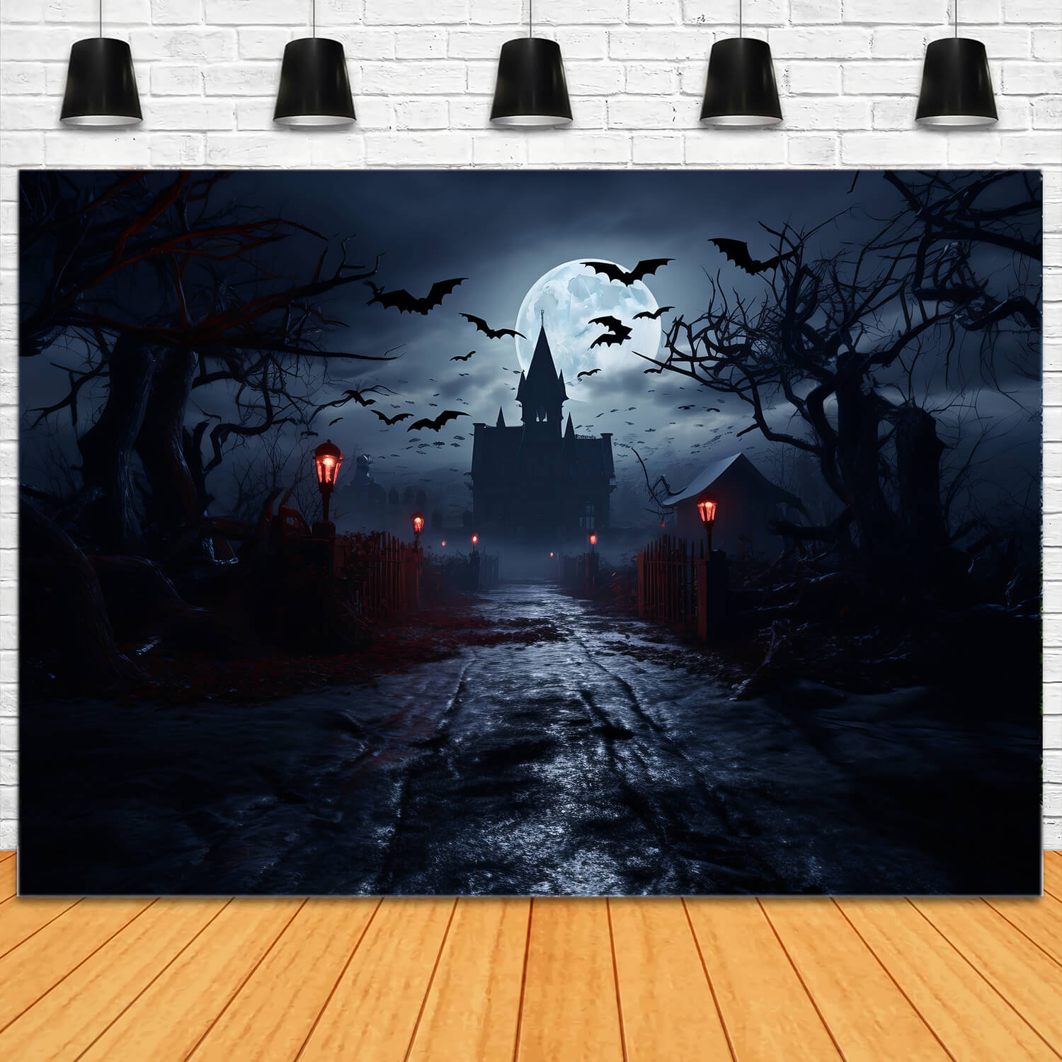 Spooky Halloween Moonlit Haunted Houses Backdrop RR7-26