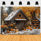 Fall Pumpkin Cottage Snowy Garden Backdrop RR7-263