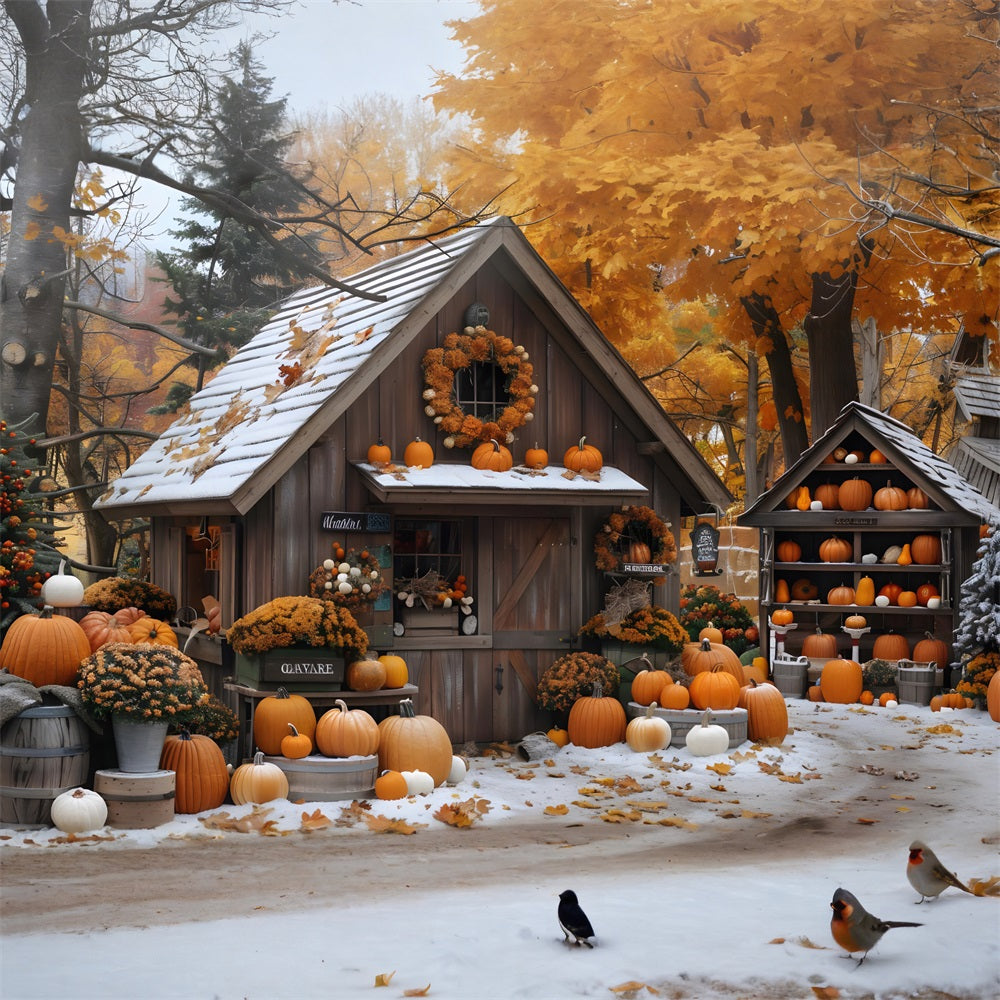 Fall Pumpkin Cottage Snowy Garden Backdrop RR7-263