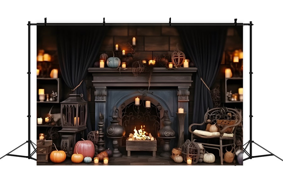 Halloween Pumpkin Lanterns Cozy Fireplace Backdrop RR7-264