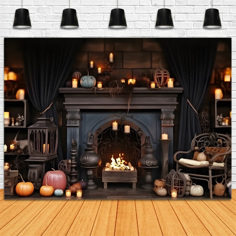 Halloween Pumpkin Lanterns Cozy Fireplace Backdrop RR7-264