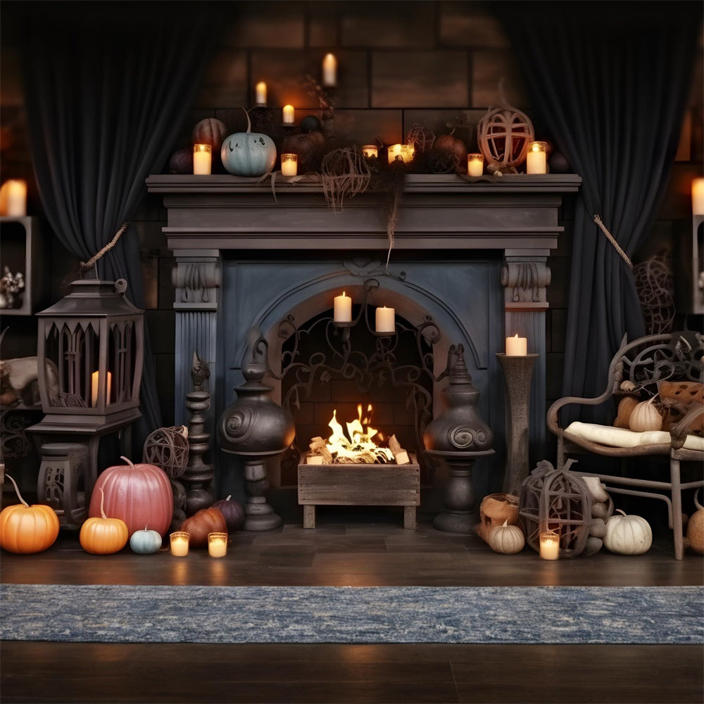 Halloween Pumpkin Lanterns Cozy Fireplace Backdrop RR7-264