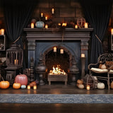 Halloween Pumpkin Lanterns Cozy Fireplace Backdrop RR7-264