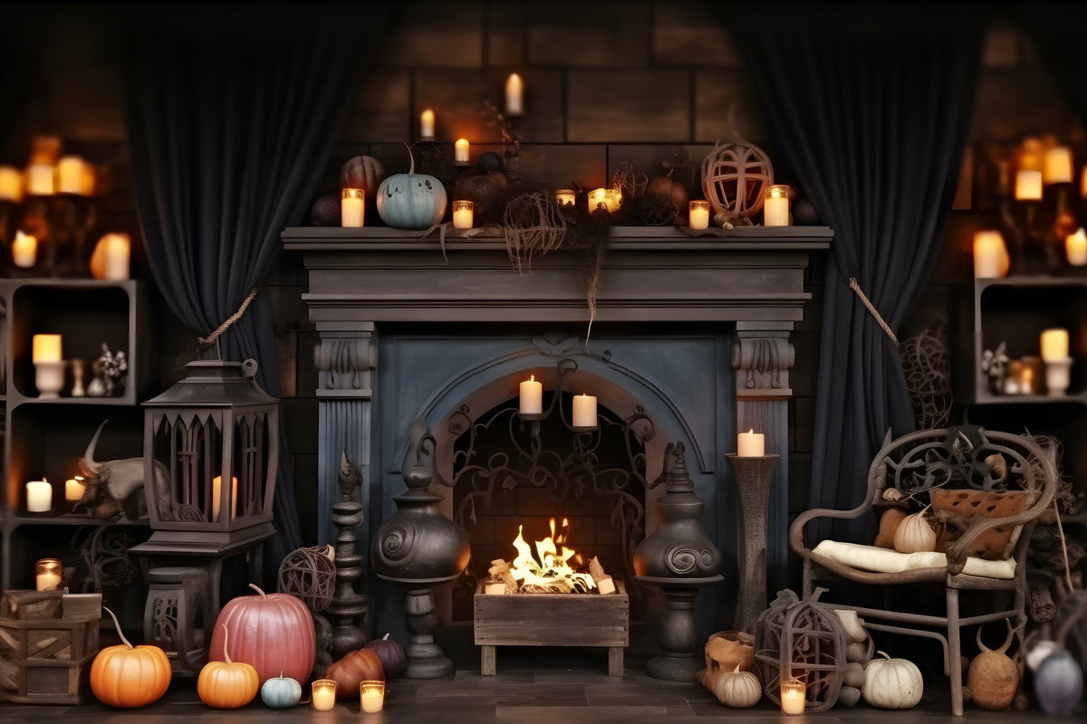 Halloween Pumpkin Lanterns Cozy Fireplace Backdrop RR7-264