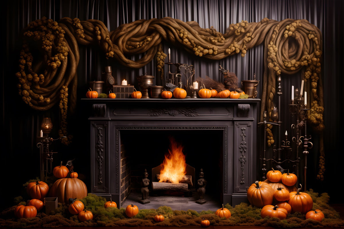 Halloween Pumpkin Lanterns Gothic Fireplace Backdrop RR7-266