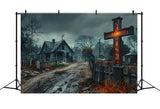 Halloween Haunted Village Cross Cemetery Backdrop RR7-269