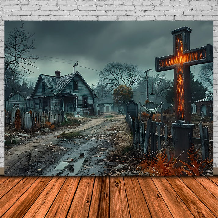 Halloween Haunted Village Cross Cemetery Backdrop RR7-269