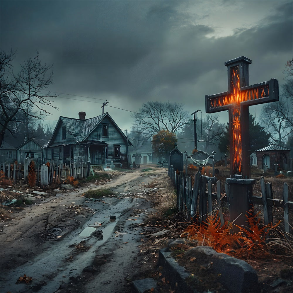 Halloween Haunted Village Cross Cemetery Backdrop RR7-269