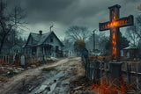 Halloween Haunted Village Cross Cemetery Backdrop RR7-269