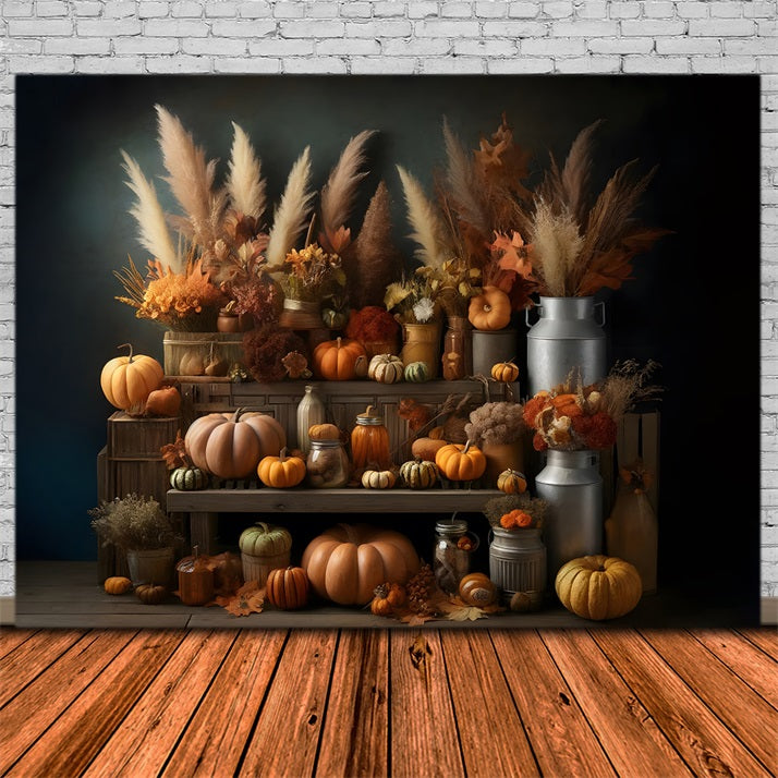 Rustic Autumn Harvest Pumpkin Floral Backdrop RR7-270