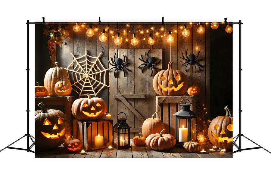 Halloween Pumpkin Lanterns Spider Web Barn Backdrop RR7-271